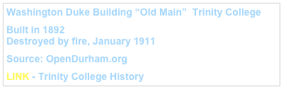 Washington Duke Building “Old Main”  Trinity College
Built in 1892  Destroyed by fire, January 1911
Source: OpenDurham.org
LINK - Trinity College History